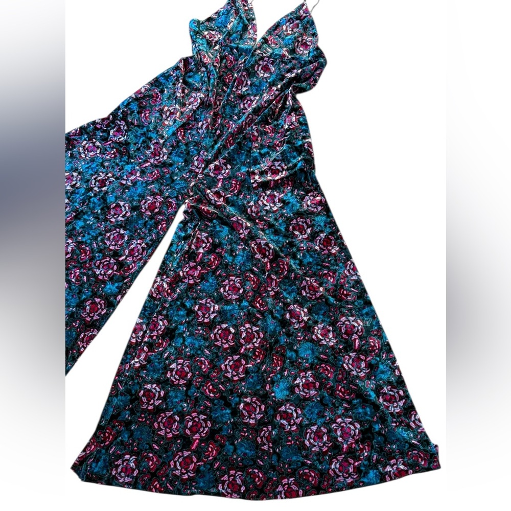 Free People Volcano Super Wide Leg Velvet Floral Jumpsuit Green Pink Size Large - Picture 8 of 15